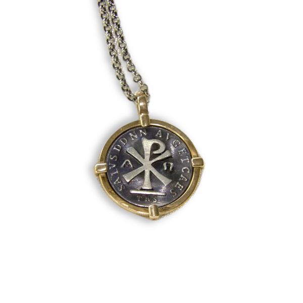 Chi-Rho Coin Necklace - Cornerstone Jewellery Yellow Gold bezel Necklace Christian Catholic Religous fine Jewelry