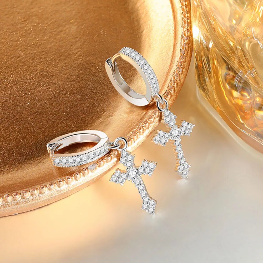 Pave Cross Drop Earrings