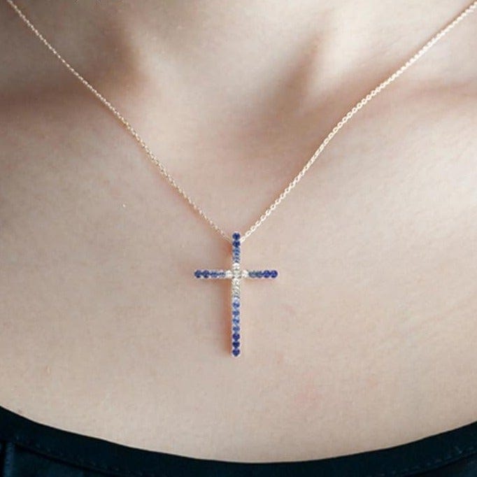 Cross of Light Sapphire Necklace - Cornerstone Jewellery Necklace Christian Catholic Religous fine Jewelry